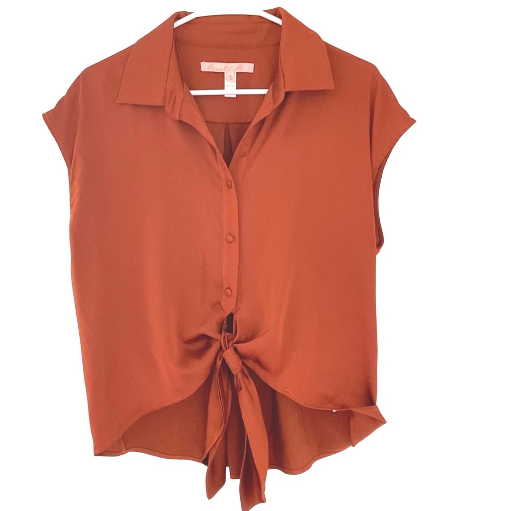 HUTCH ANTHROPOLOGIE Women's Tie Front Crop Top Robbie Button blouse caramel S